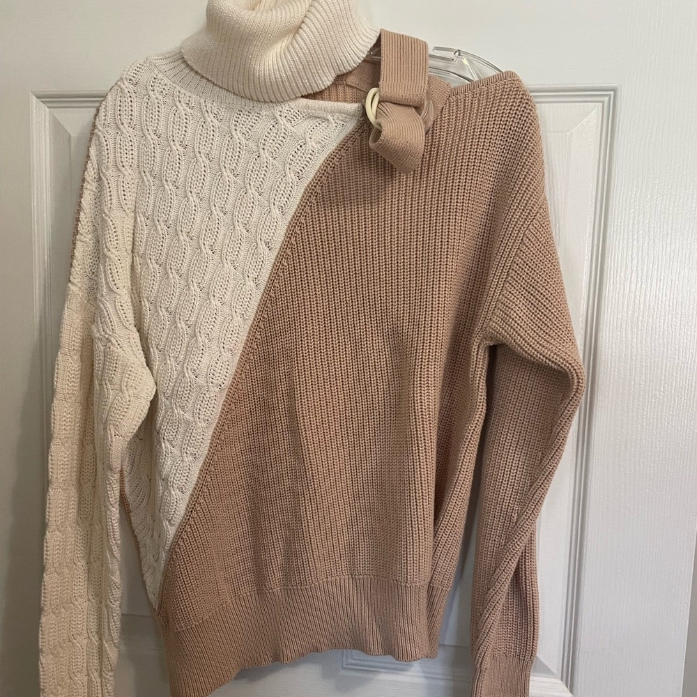 525 America Cream and Tan Cowl Neck Sweater